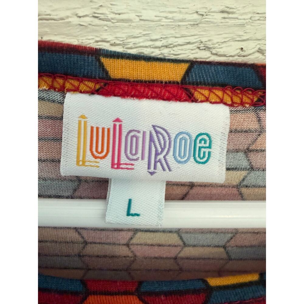 LuLaRoe Julia Dress Size Large Geometric Print Red Blue Mustard High Side Slits - Picture 7 of 7